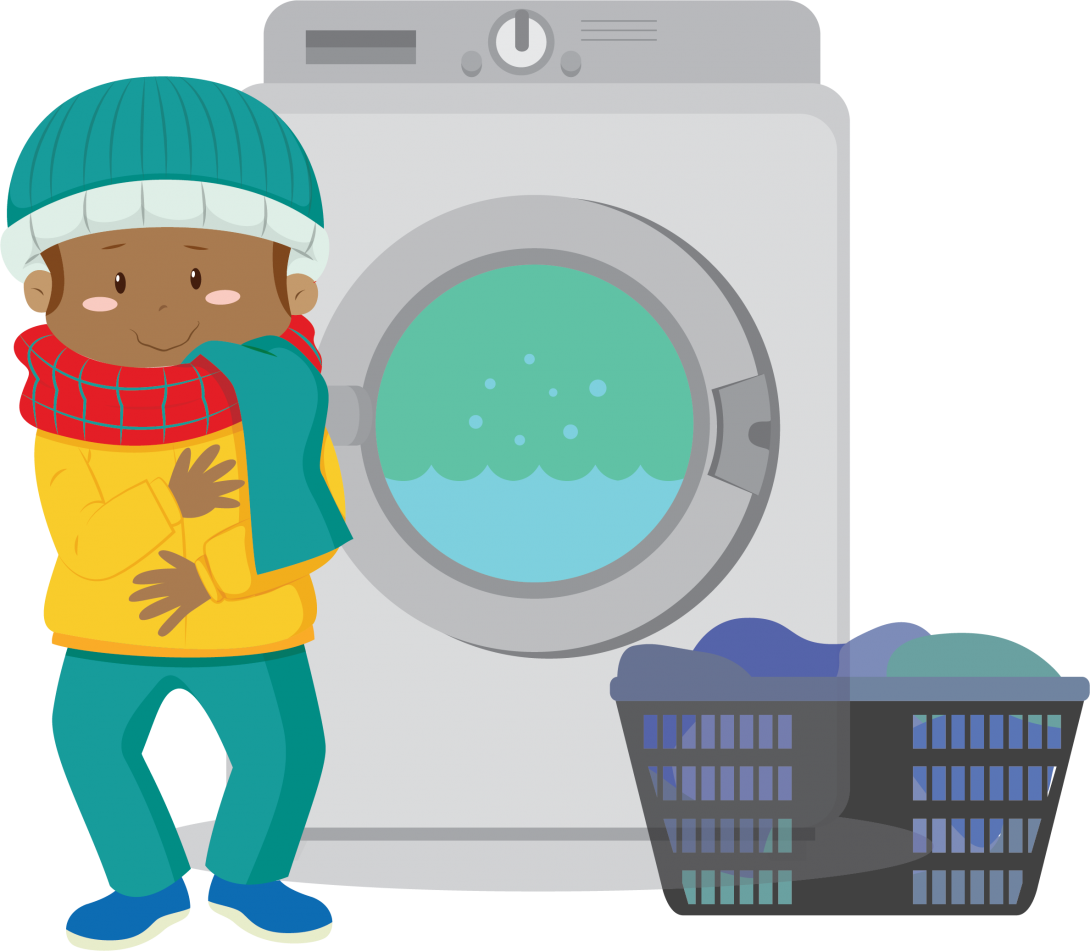 Illustration of a little kid next to a washing machine, washing their clothes with cold water!